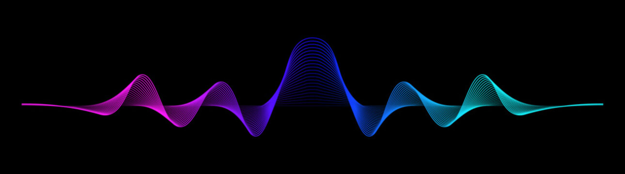 Abstract wave lines dynamic flowing neural network purple blue light Isolated on black background. Vector design element for technology, science, music modern concept.