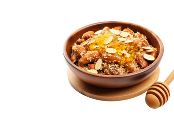 Grilled millet with salt and chia seeds in a white ceramic bowl Place on a wooden cutting board Drizzle with honey and sprinkle with sliced almonds. Isolated on transparent background.