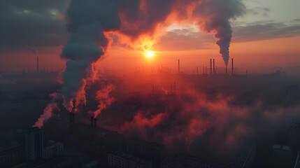 Fototapeta premium city skyline shrouded in dense smog or haze at sunset elevated view