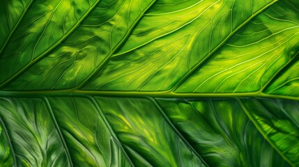Green leaf texture close-up, abstract tropical pattern as a vibrant natural background.