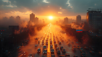 city skyline shrouded in dense smog or haze at sunset elevated view
