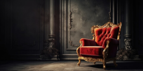 Red and Gold Velvet Armchair in luxury Black Interior in Classic Style. Red and Golden Chair in Royal style in Dark Room, copy space