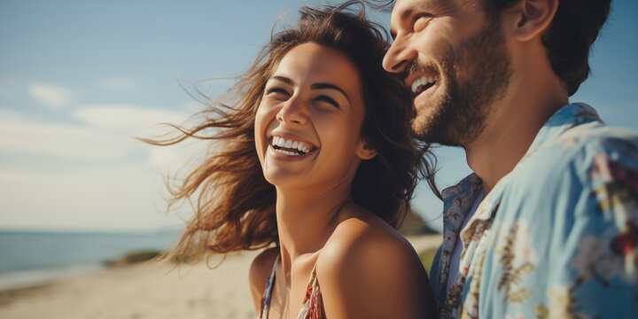 Happy smiling beautiful young couple, looking away, enjoying summer holidays together on beach. Vacation, human relationships.