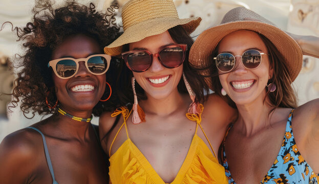 Group of three multiracial female friends wear eyeglasses, bikini and hat, broadly smile enjoying summer holidays together at beach.
