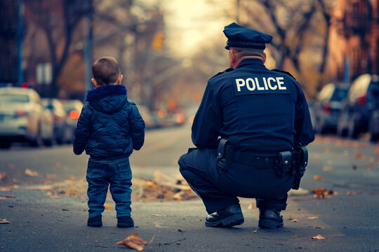 Back view of male police officer interacting with small toddler child in street