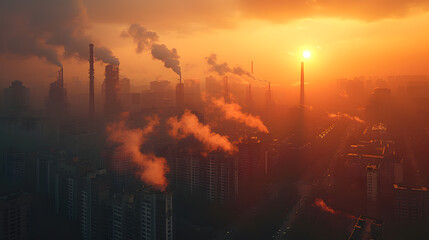 city skyline shrouded in dense smog or haze at sunset elevated view - obrazy, fototapety, plakaty