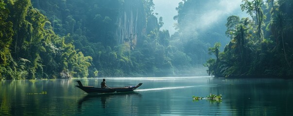 A man is in a boat on a lake surrounded by trees