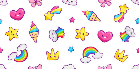 Cute Kawaii fairytale seamless pattern of funny unicorn ice cream, rainbow, cloud, happy star, heart, cartoon crown emoti. Kawaii Baby background  ( Doodle vector template )