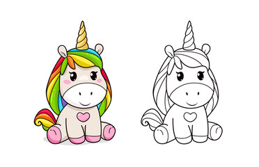 Cute Baby Unicorn vector coloring page. Coloring Cartoon Pony Unicorn with rainbow hair and golden horn. Funny Baby Pony for kids print design on tee shirt or pajamas and coloring book