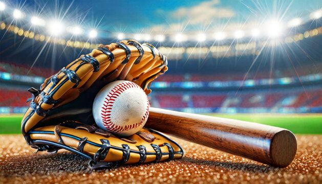 Close-up of a leather baseball glove, baseball ball and wooden baseball bat on a baseball field with blurred stadium illuminated for a night match in the background. Generative Ai.