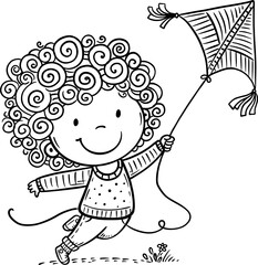 Cute cartoon happy kid playing with flying kite. Outline vector illustration. Coloring book page for children