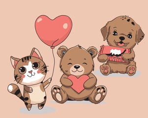 dog, bear, cat, heart, ball, chocolate, February, holiday, love, Valentine, cute