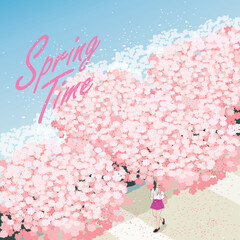 한 여성이 벚꽃이 만발한 길을 걷고 있는 봄 풍경에 대한 벡터 일러스트레이션				
