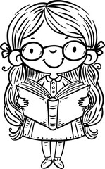 Smiling cartoon little girl with glasses standing and reading a book. Isolated line art vector illustration. Coloring book page for children
