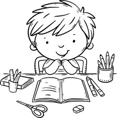 Cartoon schoolboy making his homework at the desk. Black and white vector illustration. Coloring book page for little kids