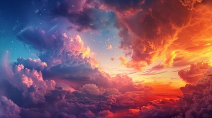 Celestial world beauty at sunset or sunrise with dramatic cloud backdrop.