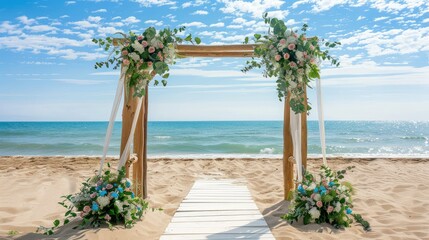 Beautiful wooden decorative arch with flowers and walkway on the beach for wedding ceremony.jpeg