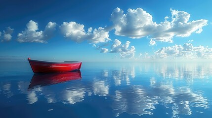 Calm river under a clear blue sky background with a rowboat.jpeg