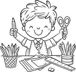 Cartoon schoolboy sitting at the table and making crafts. Line art vector illustration. Coloring book page for children