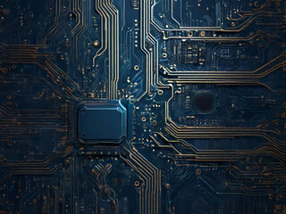 A futuristic blue circuit board background textured with modern technology. Concepts of quantum computers and large data processing. An outline of a minimalist motherboard.