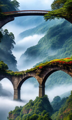 Rainbow Bridge. Arching across a misty gorge, a rainbow bridge connects two worlds. - 756411271