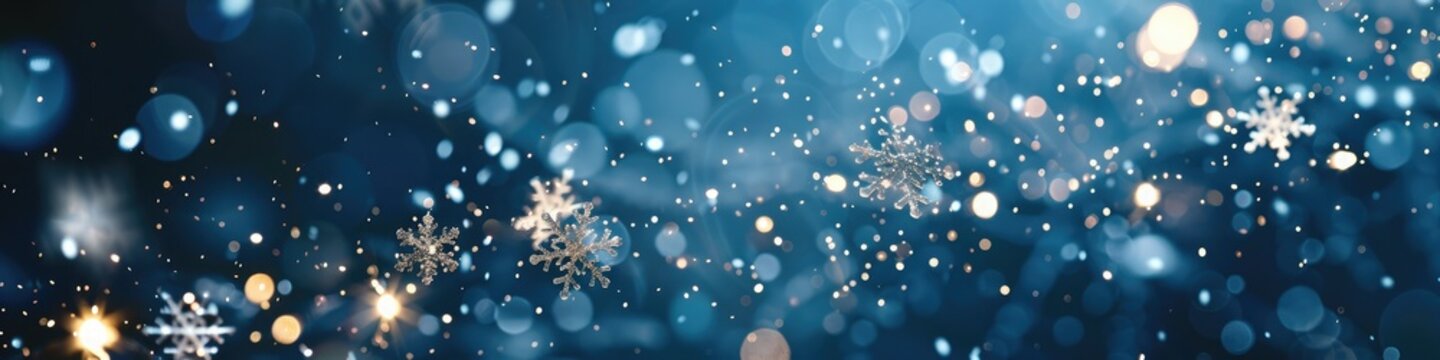 Glittering snowflakes delicately suspended in mid-air sparkle against a midnight blue backdrop, creating a magical winter wonderland with room for your words.