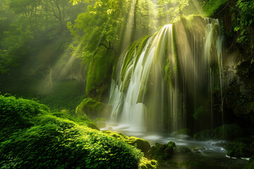 Fototapeta na wymiar forest with waterfalls, green walls and sunlight shining into the water