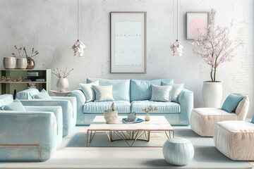 edgy contemporary living room with light blue and white colored furniture