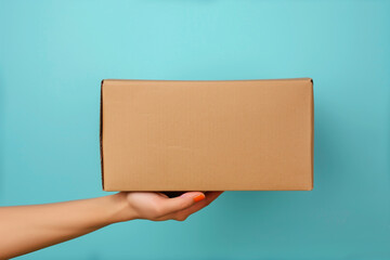 hand holding brown box on blue background