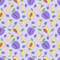 Seamless pattern with plum in flat cartoon design. Plum in boho style for fabric, cards, wallpaper.Vector illustration. 

