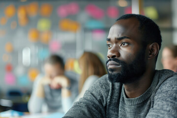Obraz premium Portrait of a man in a brainstorming session. A slide background for showcasing the brainstorming process. Created with Generative AI technology.