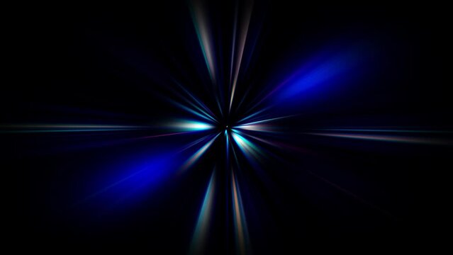 Abstract loop center colorful shine light sparking with beam radial shine ray light on black background. 4K 3D fractals seamless loop infinite complex glowing radial light streaks.