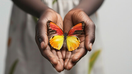 a person holding a butterfly in their cupped hands, its delicate wings outstretched out 