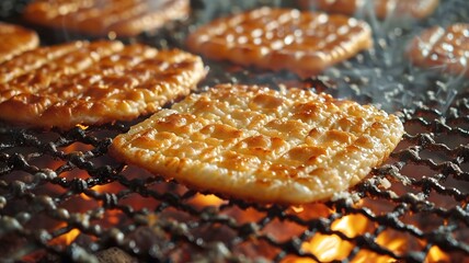 炭火で焼かれる日本の米クラッカー(煎餅)