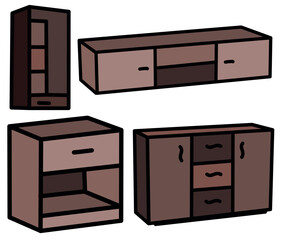 PrintSimple handdrawn vector illustrations set: furniture icons - table, desk and wardrobe collection