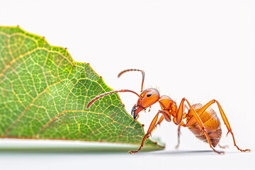 Ant on a leaf with a white background