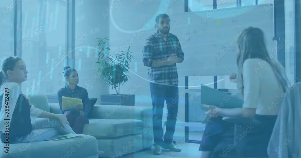 Poster animation of diagrams and data processing over diverse colleagues talking in office