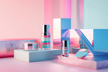 Cosmetic products in a modern vibrant setup.