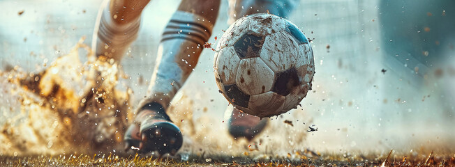 Foot in boots kicking a soccer ball. Professional football player kicking the ball - obrazy, fototapety, plakaty