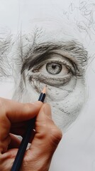Vertical closeup of artist hand drawing human portrait woth pencil on white sheet of paper