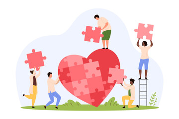 Charity project, international donation service and organization Tiny people hold puzzle pieces to fit inside heart, cooperation of volunteers giving love and money gift cartoon vector illustration