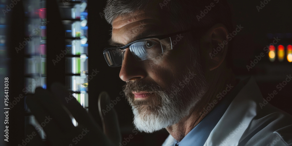 Poster an intimate view of a scientist evaluating a specimen, instilling themes of investigation and scient