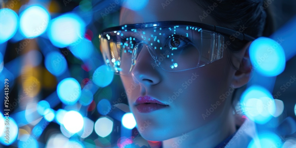 Poster a scientist is obscured by vibrant bokeh lights, symbolizing the complexity of scientific discovery 