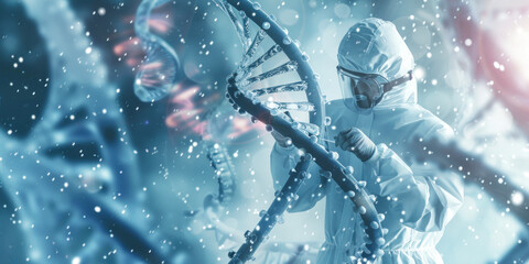 A scientist in a hazmat suit interacts with a giant DNA helix, symbolizing genetic research and medical breakthroughs - obrazy, fototapety, plakaty