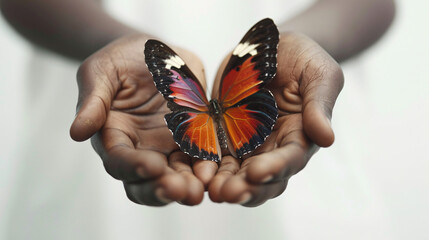 a person holding a butterfly in their cupped hands, its delicate wings outstretched out 