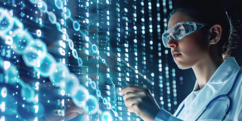 A scientist scrutinizes a futuristic interface with binary code data emission, reflecting cyber and science fusion