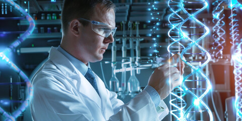 In a modern lab environment, a researcher is manipulating digital graphics of a DNA sequence, depicting gene editing and genomics