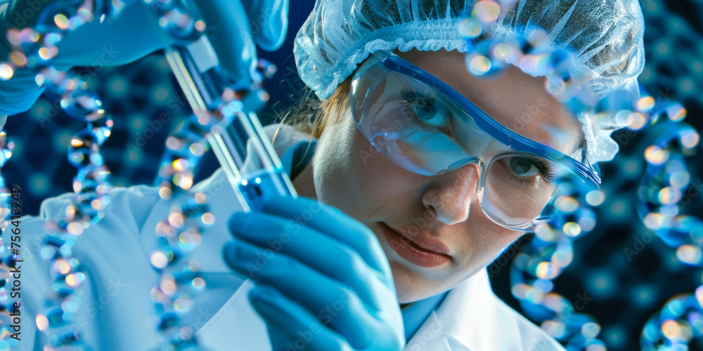 Poster a lively image of a scientist working with test tubes amid sparkling and bokeh lights