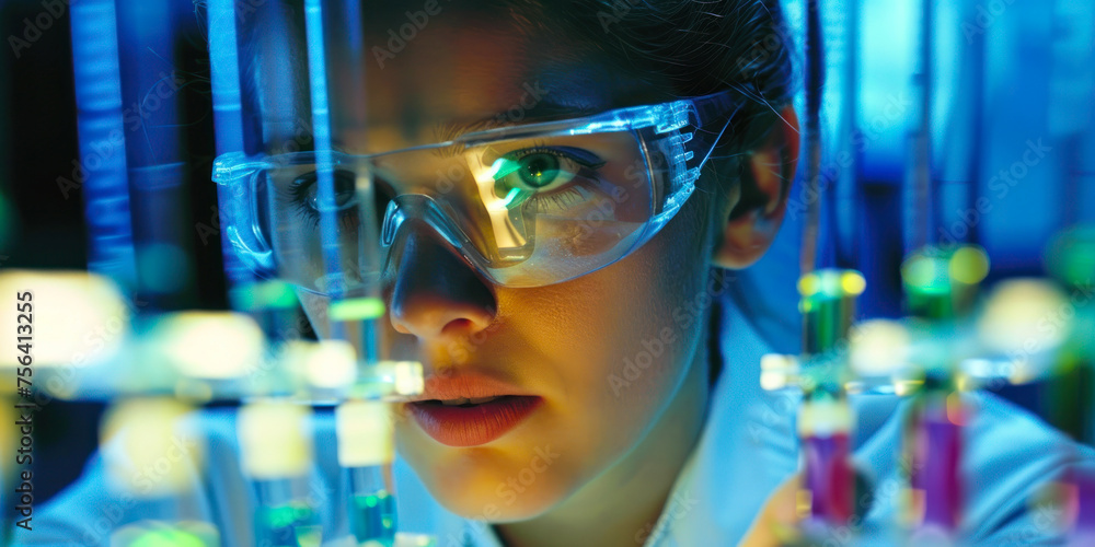 Poster a detailed scene of a focused scientist examining colorful test tubes in a laboratory setting