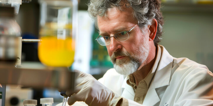 An experienced senior scientist carefully pipetting in a well-equipped laboratory